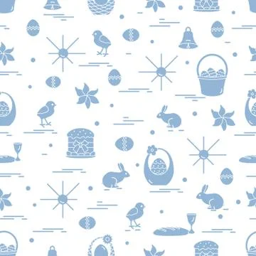 Cute seamless pattern with different symbols for Easter. Stock Illustration