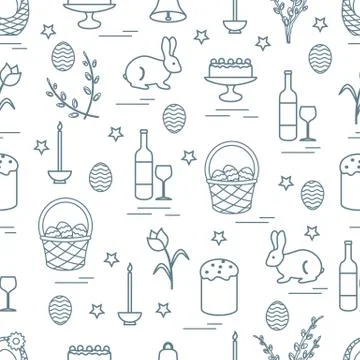 Cute seamless pattern with different symbols for Easter. 스톡 일러스트