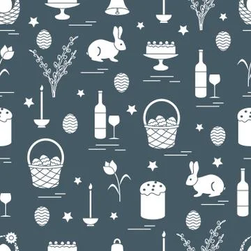 Cute seamless pattern with different symbols for Easter. 스톡 일러스트