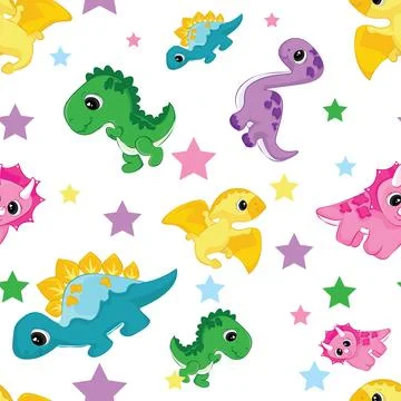 Cute seamless pattern dinosaurs. Vector Illustration - White Background 스톡 일러스트