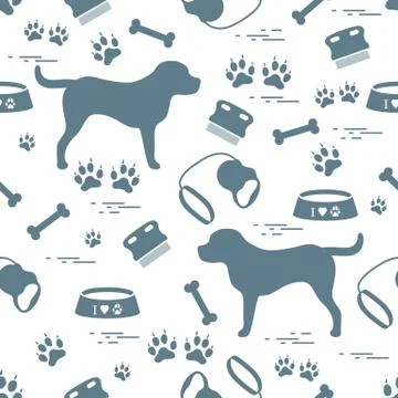 Cute seamless pattern with dog silhouette, bowl, traces, bone, brush, collar, Illustrazione stock