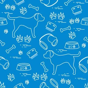 Cute seamless pattern with dog silhouette, bowl, traces, bone, brush, collar, Illustrazione stock