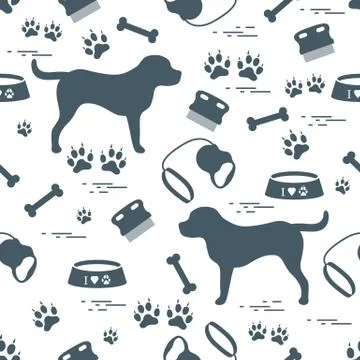 Cute seamless pattern with dog silhouette, bowl, traces, bone, brush, collar, Stock Illustration