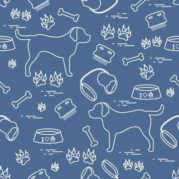 Cute seamless pattern with dog silhouette, bowl, traces, bone, brush, collar, Illustrazione stock