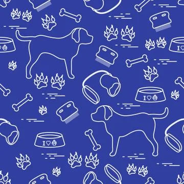 Cute seamless pattern with dog silhouette, bowl, traces, bone, brush, collar, Illustrazione stock