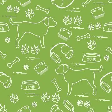 Cute seamless pattern with dog silhouette, bowl, traces, bone, brush, collar, Stock Illustration