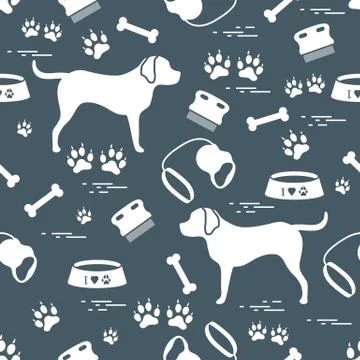 Cute seamless pattern with dog silhouette, bowl, traces, bone, brush, collar, Illustrazione stock
