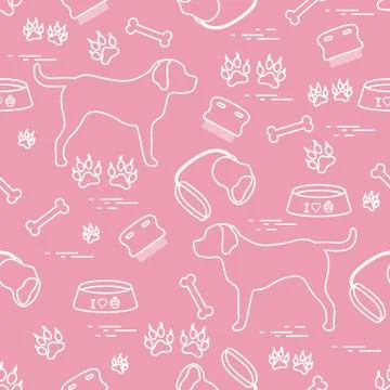 Cute seamless pattern with dog silhouette, bowl, traces, bone, brush, collar, Illustrazione stock
