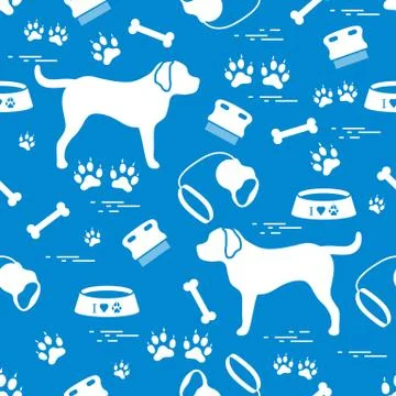 Cute seamless pattern with dog silhouette, bowl, traces, bone, brush, collar, Stock Illustration