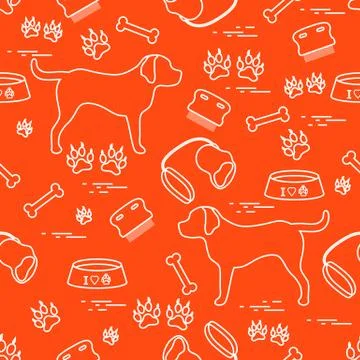 Cute seamless pattern with dog silhouette, bowl, traces, bone, brush, collar, Stock Illustration