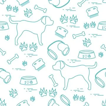 Cute seamless pattern with dog silhouette, bowl, traces, bone, brush, collar, Illustrazione stock