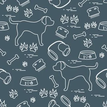 Cute seamless pattern with dog silhouette, bowl, traces, bone, brush, collar, Illustrazione stock