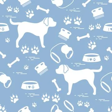 Cute seamless pattern with dog silhouette, bowl, traces, bone, brush, collar, Illustrazione stock
