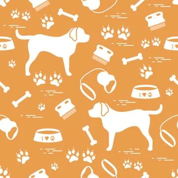 Cute seamless pattern with dog silhouette, bowl, traces, bone, brush, collar, Illustrazione stock
