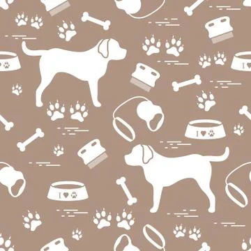 Cute seamless pattern with dog silhouette, bowl, traces, bone, brush, collar, Illustrazione stock