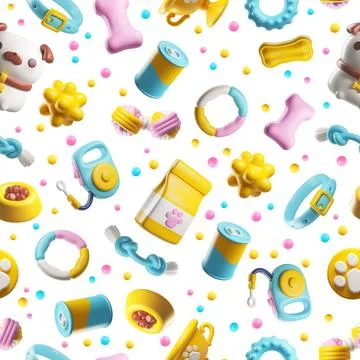 Cute seamless pattern with dog, toys and accessories 3D vector, cartoon pet care Ilustración de archivo