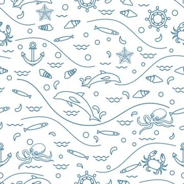 Cute seamless pattern with dolphins, octopus, fish, anchor, helm, waves, seas Stock Illustration