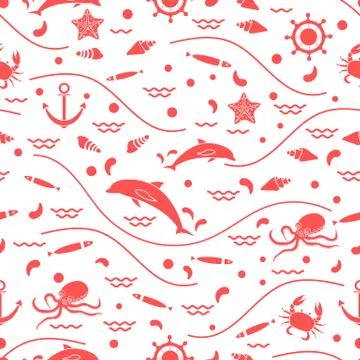 Cute seamless pattern with dolphins, octopus, fish, anchor, helm, waves, seas Stock Illustration