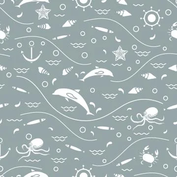 Cute seamless pattern with dolphins, octopus, fish, anchor, helm, waves, seas Illustrazione stock