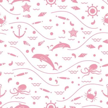 Cute seamless pattern with dolphins, octopus, fish, anchor, helm, waves, seas Illustrazione stock