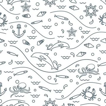 Cute seamless pattern with dolphins, octopus, fish, anchor, helm, waves, seas Illustrazione stock