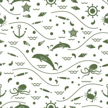 Cute seamless pattern with dolphins, octopus, fish, anchor, helm, waves, seas Stock Illustration