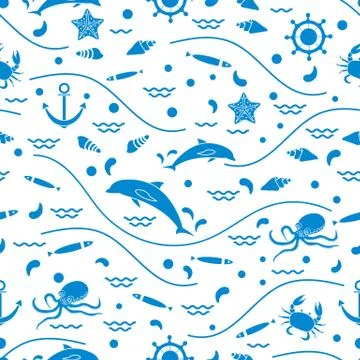 Cute seamless pattern with dolphins, octopus, fish, anchor, helm, waves, seas 스톡 일러스트