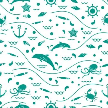 Cute seamless pattern with dolphins, octopus, fish, anchor, helm, waves, seas Illustrazione stock
