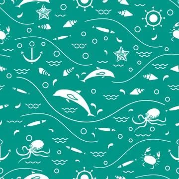 Cute seamless pattern with dolphins, octopus, fish, anchor, helm, waves, seas Stock Illustration