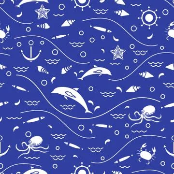 Cute seamless pattern with dolphins, octopus, fish, anchor, helm, waves, seas イラスト素材