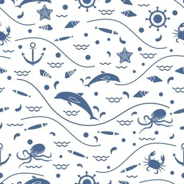 Cute seamless pattern with dolphins, octopus, fish, anchor, helm, waves, seas Illustrazione stock