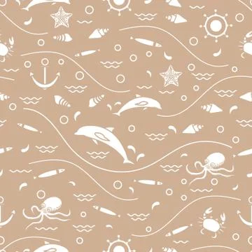 Cute seamless pattern with dolphins, octopus, fish, anchor, helm, waves, seas Illustrazione stock