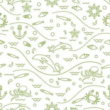 Cute seamless pattern with dolphins, octopus, fish, anchor, helm, waves, seas Stock Illustration