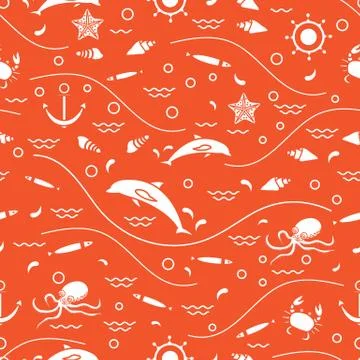Cute seamless pattern with dolphins, octopus, fish, anchor, helm, waves, seas Illustrazione stock