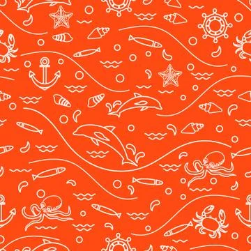 Cute seamless pattern with dolphins, octopus, fish, anchor, helm, waves, seas Stock Illustration