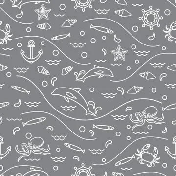 Cute seamless pattern with dolphins, octopus, fish, anchor, helm, waves, seas Stock Illustration