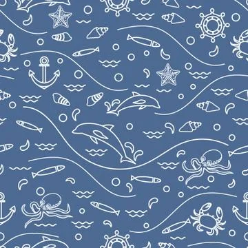 Cute seamless pattern with dolphins, octopus, fish, anchor, helm, waves, seas Illustrazione stock
