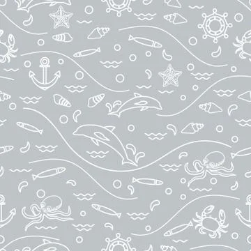Cute seamless pattern with dolphins, octopus, fish, anchor, helm, waves, seas イラスト素材