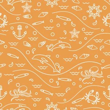 Cute seamless pattern with dolphins, octopus, fish, anchor, helm, waves, seas イラスト素材
