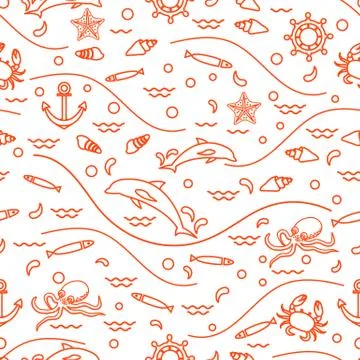 Cute seamless pattern with dolphins, octopus, fish, anchor, helm, waves, seas Illustrazione stock