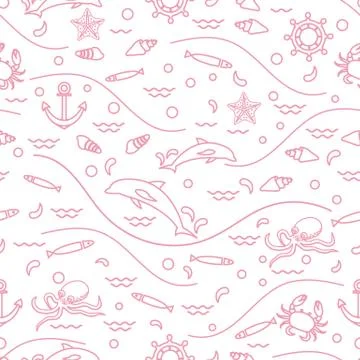 Cute seamless pattern with dolphins, octopus, fish, anchor, helm, waves, seas Stockillustratie