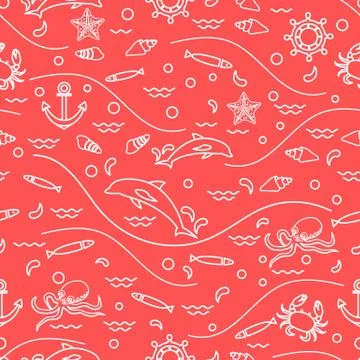 Cute seamless pattern with dolphins, octopus, fish, anchor, helm, waves, seas Illustrazione stock