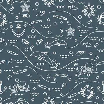Cute seamless pattern with dolphins, octopus, fish, anchor, helm, waves, seas Illustrazione stock