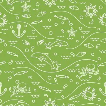 Cute seamless pattern with dolphins, octopus, fish, anchor, helm, waves, seas Stock Illustration