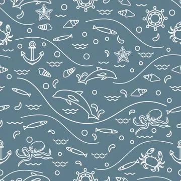 Cute seamless pattern with dolphins, octopus, fish, anchor, helm, waves, seas Illustrazione stock