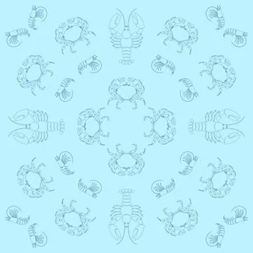 Cute seamless pattern with doodle crabs, shrimps, crayfishs. Idea for wrapping Illustrazione stock