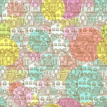 Cute seamless pattern of doodle houses Stock Illustration