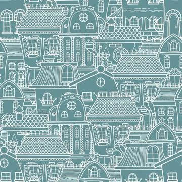 Cute seamless pattern of doodle houses Stock Illustration