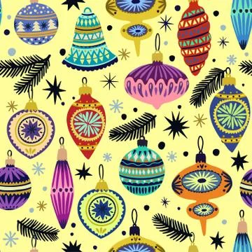 Cute seamless pattern with doodle vintage vector Christmas decorations for fir Illustrazione stock