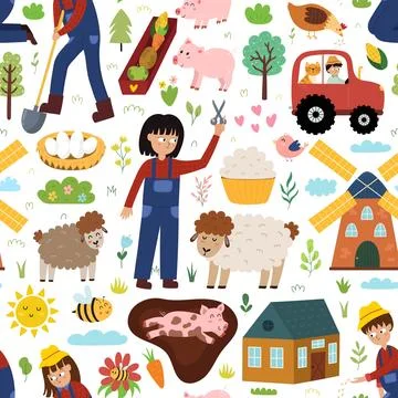 Cute seamless pattern with farm animals and kids farmers 库存插图